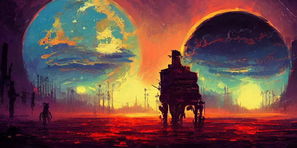 Prompt: a mysterious epic gouache painting of a steampunk planet by alena aenami in the style of romanticism art, trending on art station