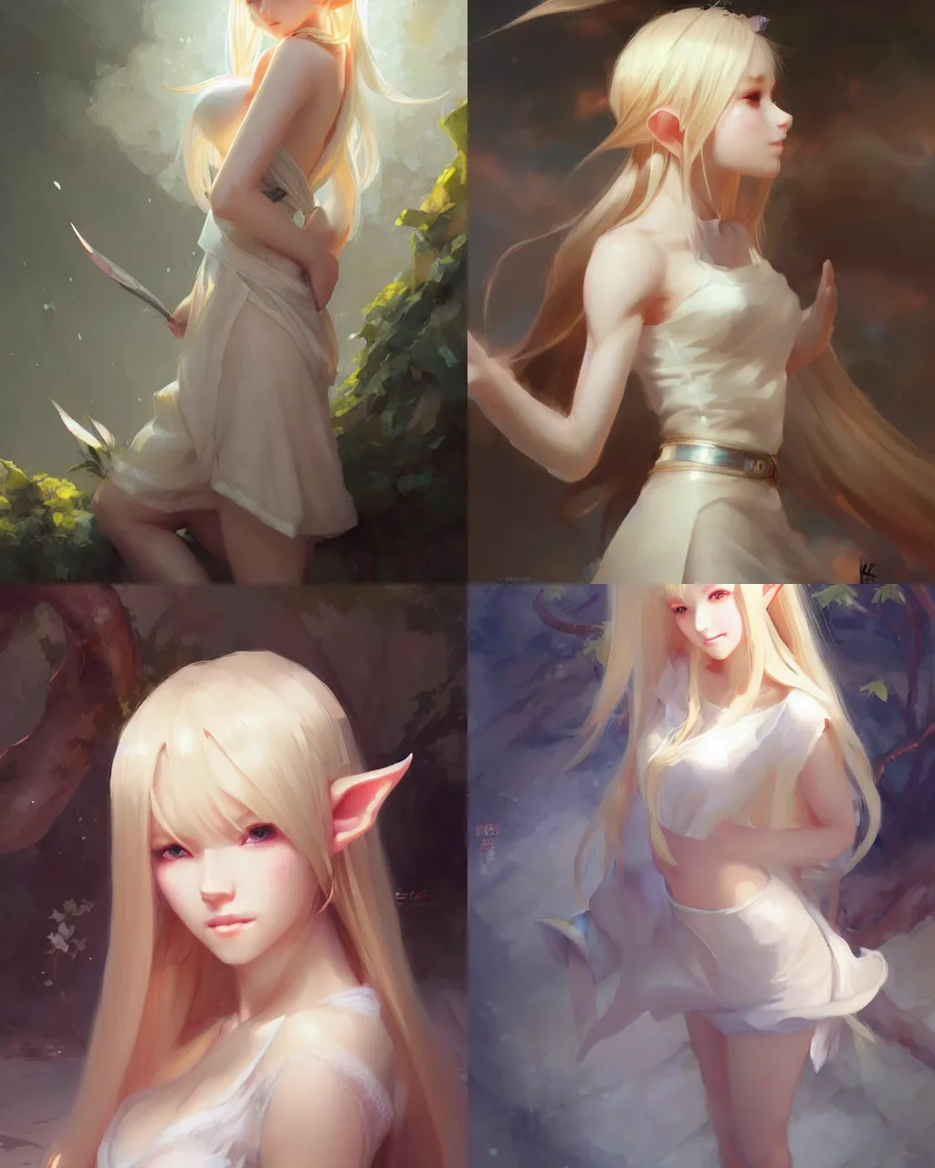 Prompt: elf girl with blonde hair and white dress, oriental face, half - length photo, soft lighting, by wenjun lin an krenz cushart, wide angle