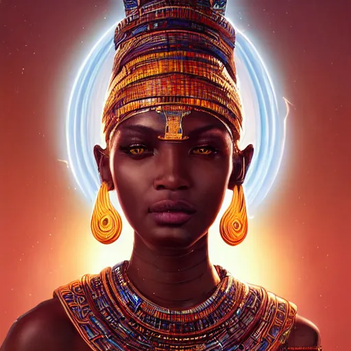 Image similar to highly detailed portrait of an african neon egyptian goddess, intricate alien technology, stephen bliss, unreal engine, fantasy art by greg rutkowski, loish, rhads, ferdinand knab, makoto shinkai and lois van baarle, ilya kuvshinov, rossdraws, tom bagshaw, global illumination, radiant light, detailed and intricate environment