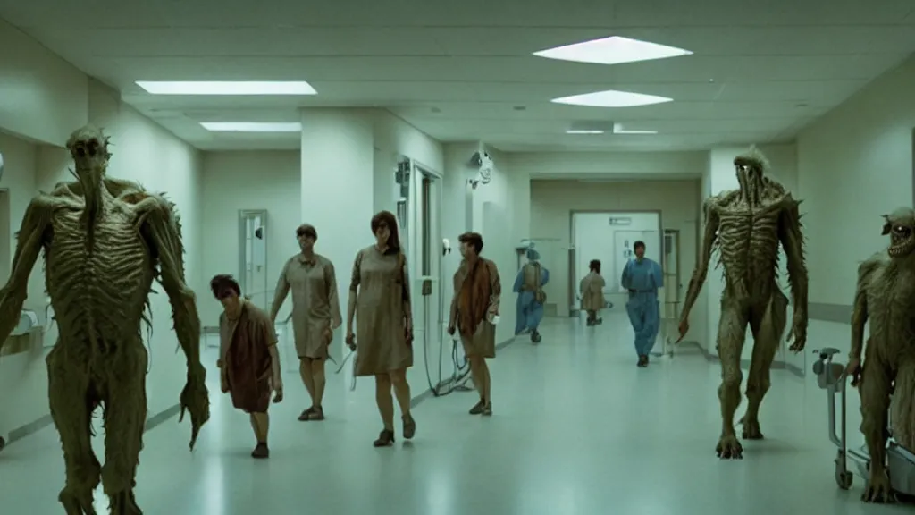 Prompt: monsters invade the hospital, film still from the movie directed by denis villeneuve and david cronenberg with art direction by salvador dali, wide lens