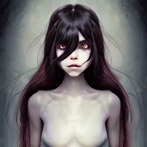 Image similar to Ethereal portrait of a creepy demonic sleep paralysis girl with dirty long dark hair, long bangs, a malicious grin, big piercing eyes, dim lighting, medium shot, by artgerm and WLOP