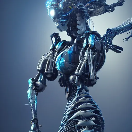 Image similar to biomechanical mecha white mermaid underwater, rays of light. Style of westworld, cables, lights, searchlight, weta digital, octane render, insane details, ultra realistic, beatifully lit, reflections