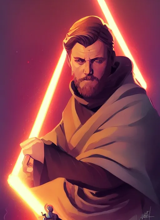 Prompt: obi - wan kenobi in the style of artgerm and charlie bowater and atey ghailan and mike mignola, vibrant colors and hard shadows and strong rim light, epic lighting, comic cover art, plain background, trending on artstation