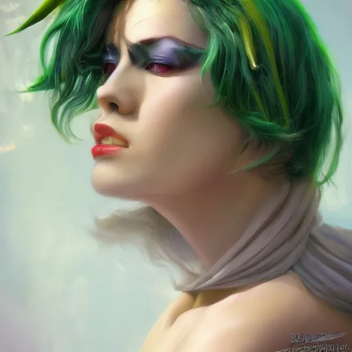 Image similar to A Beautiful Professional Model with Green hair and Yellow eyes and demon horns, fashionable clothes, detailed, looking seductively at the camera, centered, digital painting, artstation, concept art, donato giancola, Joseph Christian Leyendecker, WLOP, Boris Vallejo, Breathtaking, 8k resolution, extremely detailed, beautiful, establishing shot, artistic, hyperrealistic, beautiful face, octane render, cinematic lighting, dramatic lighting, masterpiece