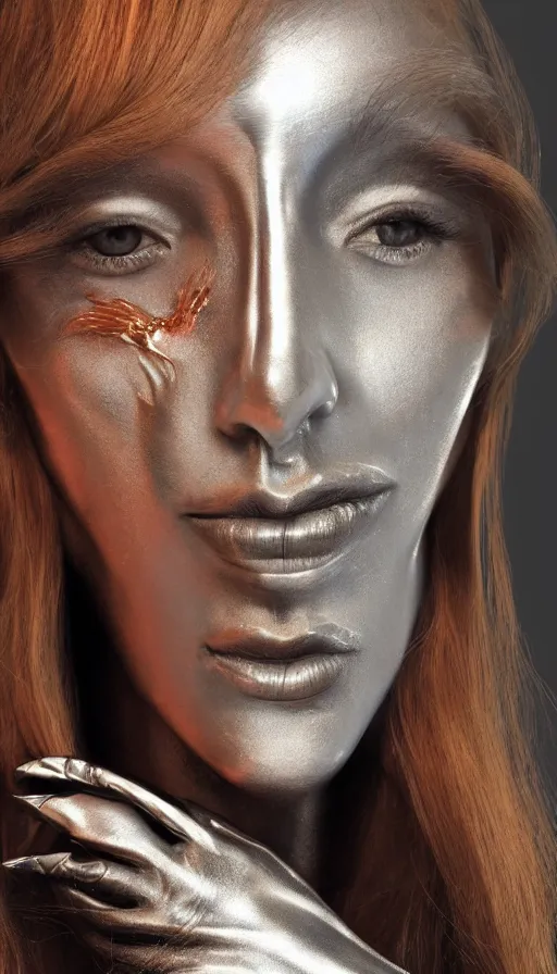 Prompt: a set of metal fire sculptures on woman face, a computer rendering by zaha hadid, polycount, kinetic art, made of liquid metal, airbrush art, hard surface modeling
