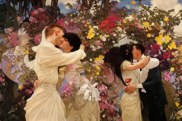 Image similar to the groom kisses the bride at a wedding full of flowers, bright and happy, dreamlike art, highly detail, 4 k realistic, wedding photoy krenz cushart. artem demura. alphonse mucha. yoji shinkawa artgerm. jon lothian. danilo torres. adi meyers. thomas reimann. gaston bussiere.