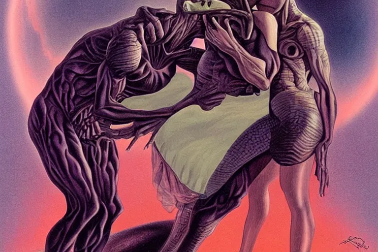 Prompt: an alien woman kisses a man by gerald brom, sci - fi, color vibe, reimagined by industrial light and magic