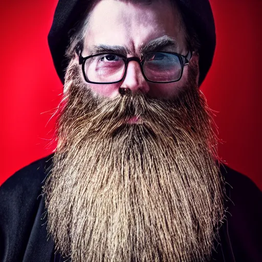 Image similar to a man with a long black beard in a red robe, portrait, realism, cyberpunk, manly beard