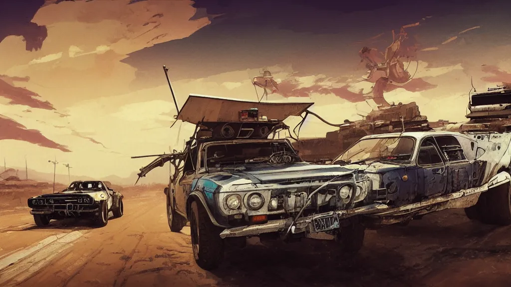 Image similar to digital illustration of mad max's fj 4 0 pursuit special, the last v 8 interceptor driving down a deserted cyberpunk highway in the middle of the day by studio ghibli, anime style, by makoto shinkai, ilya kuvshinov, lois van baarle, rossdraws, basquiat
