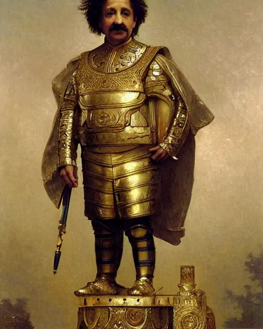 Prompt: brilliant albert einstein, dressed in ornate, detailed, intricate golden armor, surrounded by mathematical equations, detailed oil painting by william adolphe bouguereau