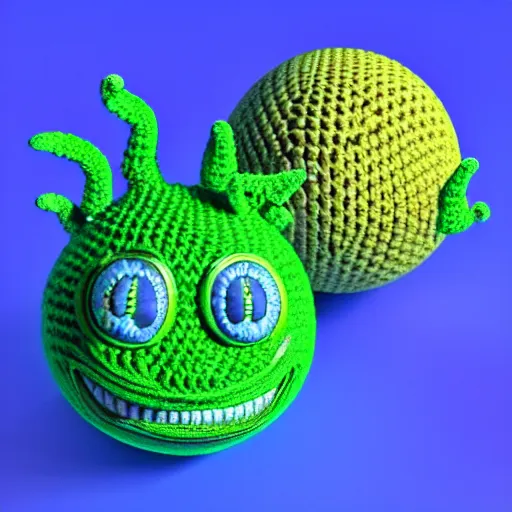 Image similar to a crocheted slime from dragon quest, 3d model, hyper realistic, realistic lighting, dynamic shadows