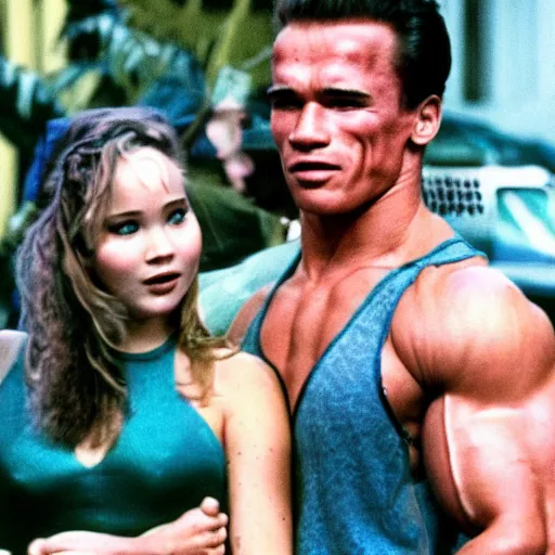 Prompt: photo of young arnold schwarzenegger close and wild dancing with jennifer lawrence beautiful short dress in a 9 0 s romantic comedy