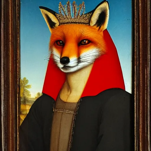 Image similar to a renaissance style portrait of the red fox (Vulpes vulpes) wearing a crown and a cape, dark background