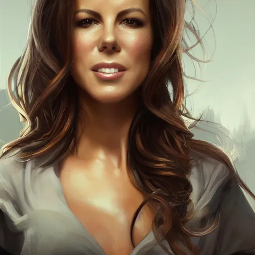 Image similar to closeup portrait of a kate beckinsale as a software engineer, she is a nerd, seductive smile, chiaroscuro, computer geek, golden hour, dramatic lighting, complementary contrast, high detail, painted by greg rutkowski, painted by igor kieryluk, trending on artstation