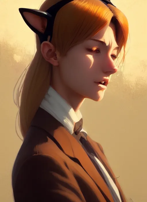 Prompt: ultradetailed beautiful panting of a stylish young lady wearing a brown foxgirl suit with cat ears, dramatic, she has blond hair, distressed, volumetric light, by greg rutkowski, ilya kuvshinov, james jean, makoto shinkai, on artstation