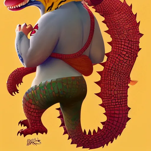 Image similar to in the style of artgerm, loish and ross tran, anthropomorphic alligator, red scales on his back, yellow scale on his belly and chest, male, waring a hawaiian shirt, in the style of zootopia