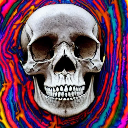 Image similar to human skull, trippy, glitch, psychedelic, melting wax,