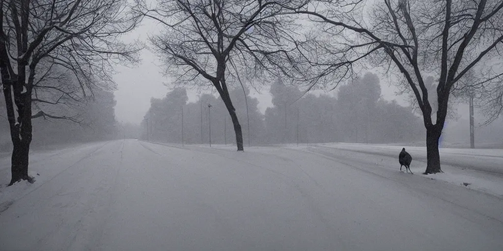 Prompt: it's early winter outside. the first snow fell in a small layer. i am walking along the road after unimportant events, after which i have already realized that i am in a dream, still life, by alex webb, grainy, close small - 5,