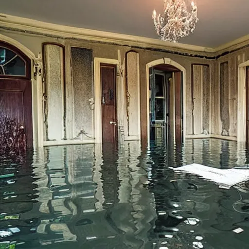 Prompt: the inside of a flooded mansion