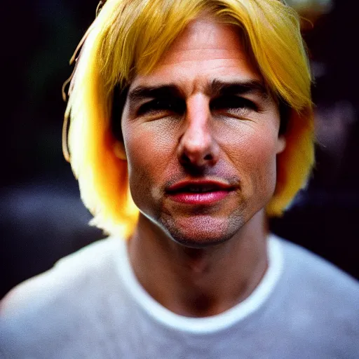 Prompt: photo tom cruise with yellow hair, cinestill, 800t, 35mm, full-HD