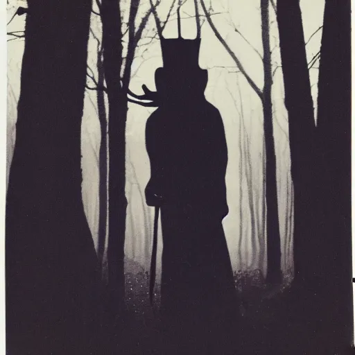 Image similar to polaroid picture of The Babadook standing in the woods, creepy, dark scary