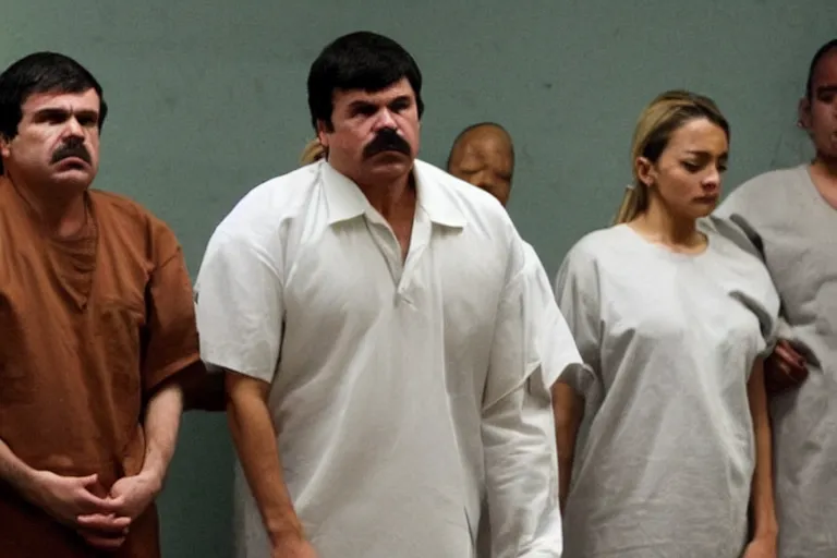 Prompt: el chapo is meditating with his 3 wives in the middle of a prison cell. he is a pimp. the female correctional officer has a crush on him.