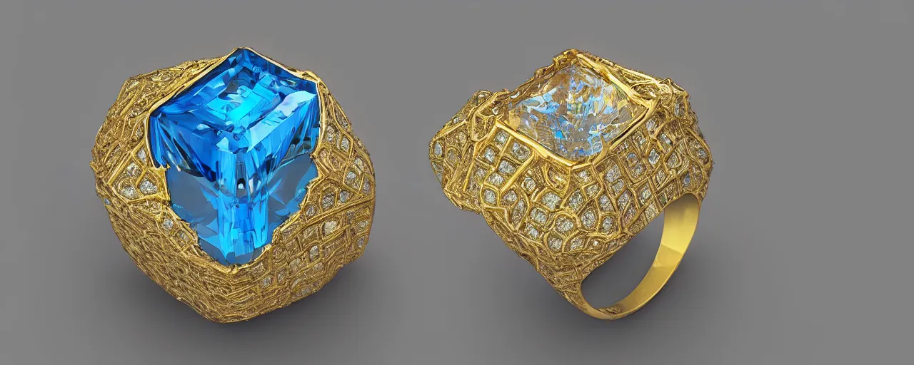 Image similar to simple golden magic crystal ring, ice, blue, gold, smooth, crystal, engravings, diamonds, product design, jewelry, colorful, art by gerald brom, greg rutkowski and artgerm, photo realism, unreal engine, c 4 d