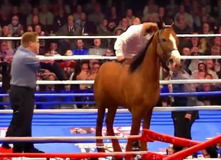 Image similar to frame from a sports broadcast where an anthropomorphic horse is in a boxing match against a real horse.