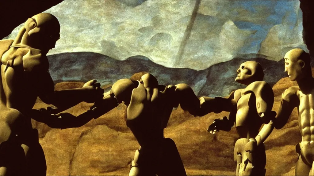 Prompt: michelangelo's creation of adam but they are robots, movie still, cinematic composition, cinematic light, by david lynch