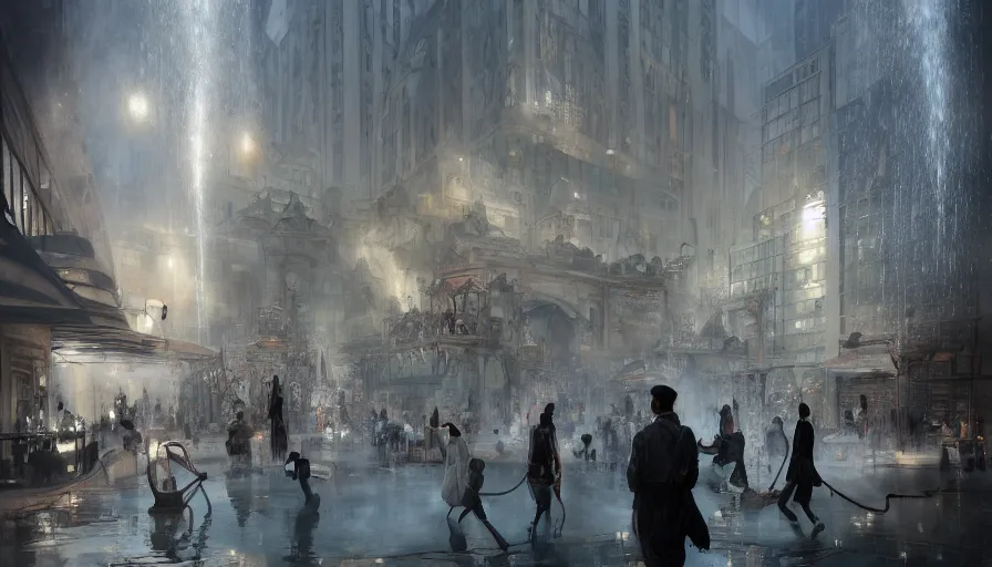 Image similar to City square in a Dieselpunk city, fontains with sculptures of people mixed with angines made from marble and petrol flowing instead of water, steam, epic composition, intricate, elegant, volumetric lighting, digital painting, highly detailed, artstation, sharp focus, illustration, concept art, ruan jia, steve mccurry