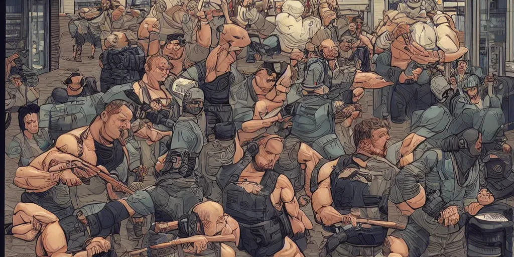 Image similar to Mall cops vs weightlifters. Epic painting by James Gurney and Laurie Greasley.