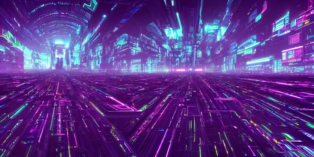 Image similar to a landscape view of a cybernetic cathedral overlooking an higway made of rows of glowing codes and symbols, energy surges, cyberpunk, beautiful detailed, cinematic, strong lighting, hi - fructose art magazine, photorealistic, 8 k, gradient cyan to purple, by paul lehr and david heskin