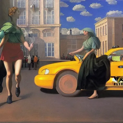 Image similar to a woman hails a taxi by Raphael, Hopper, and Rene Magritte. detailed, romantic, enchanting, trending on artstation.