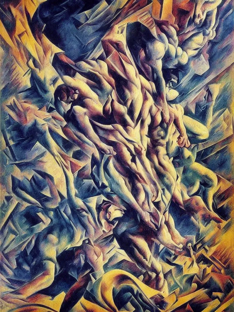 Prompt: Beautiful Futurist Painting of a Classical Marble Statue of a Man Descending a Staircase sculpted by Gian Lorenzo Bernini painted by Umberto Boccioni By Marcel Duchamp, Bright Colorful shocking detail hyperrealistic trending on artstation