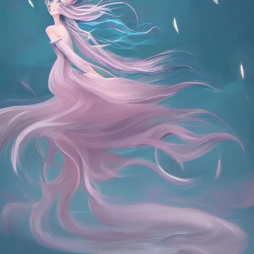 Image similar to digital painting, full body portrait, dynamic poses, anime face, joyful, epic, flowing dress, smooth, enigmatic, woman, pink and grey clouds, glowing flowing hair, by lois van baarle, by loish, sharp, trending on artstatio