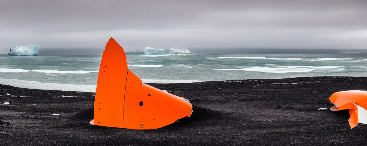 Image similar to cinematic shot of giant orange and white military spacecraft wreckage on an endless black sand beach in iceland with icebergs in the distance, 2 8 mm, shockwave