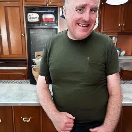 Image similar to an irish middle aged gentleman with brown moptop hair and red cheeks is doing the chicken dance in his kitchen. he is clean shaven. he is wearing a dark blue tshirt and khaki shorts. he holds his arms out like they are chicken wings and dances animatedly. he has no beard or moustache.