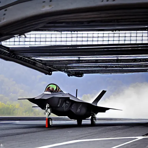 Prompt: an extremely detailed 4k photography of an F35 with gears up flying towards the camera, exiting a well-lit highway tunnel, cinematic lighting, long shot angle, centered composition, 1/400 f2.8 ISO400, 200mm lens