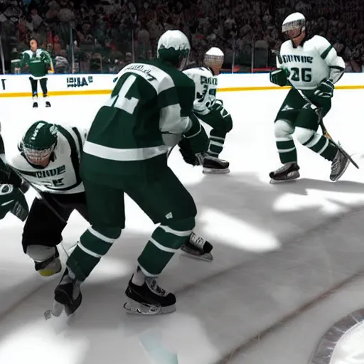 Prompt: Michigan state ice hockey wins national championship in NHL 22 video game, rendered in unreal engine 5