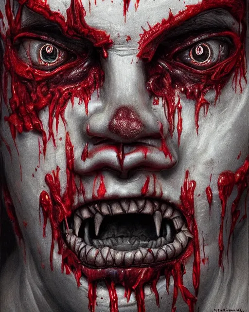 Prompt: Haunting horrifying hyperrealistic detailed painting of a tall slim flesh demon covered in thick black blood, heavy metal, disgusting, creepy, unsettling, and bloodshot eyeballs, hyper detailed, trending on Artstation