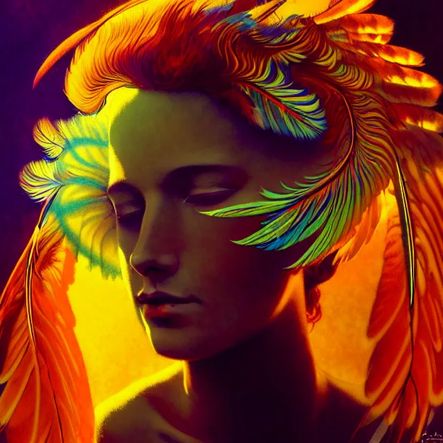 Image similar to face of young psychedelic transcendent feather mind bending psychedelic wings of glossy liquid honey flowing like kaleidoscopic translucent holograph, lsd feathers, feathery fluff, enlightenment, high contrast dappled lighting, refracted sunset, highly detailed, concept art, art by collier, albert aublet, krenz cushart, artem demura, alphonse mucha