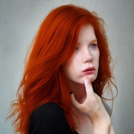 Image similar to very beautiful redhead woman looking back over her shoulder, eye contact, hyper realistic