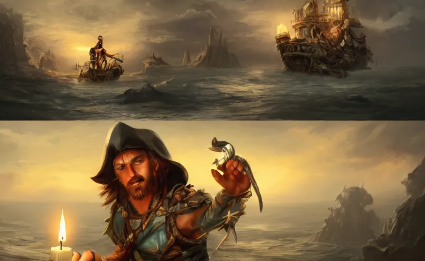 Prompt: concept art of a swashbuckler holding a candle holder discovering a sunken city, wearing a cape, on a ship, highly detailed, digital art, illustration, artstation, very detailed, 4 k