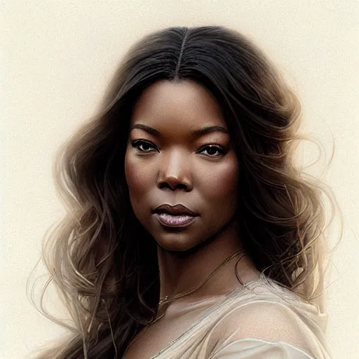 Image similar to beautiful striking Pre-Raphaelite Gabrielle Union by Artgerm and Greg Rutkowski, pale, intricate, elegant, highly detailed, digital painting