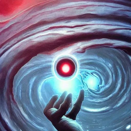 Prompt: hand with and eye in the center, floating in a spiraling abyss, scifi, painted by pedro correa,