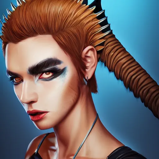 Image similar to illustrated realistic portrait of prong-horned devil woman with blue bob hairstyle and her tan colored skin and with solid black eyes wearing leather by rossdraws