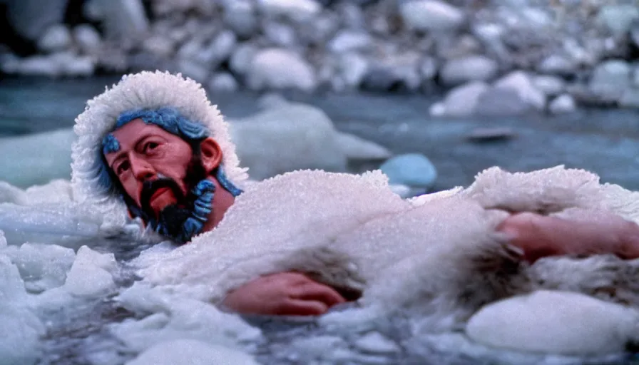 Image similar to 1 9 6 0 s movie still close up of marcus aurelius frozen to death in a blue cape with fur in a river with gravel pebbles, pine forests, cinestill 8 0 0 t 3 5 mm, high quality, heavy grain, high detail, texture, dramatic light, anamorphic, hyperrealistic, detailed hair