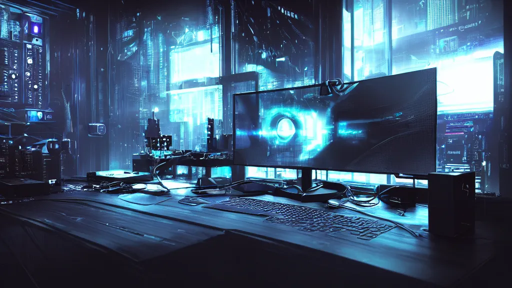Prompt: a cyberpunk overpowered computer. Overclocking, watercooling, custom computer, cyber, mat black metal, alienware, futuristic design, desktop computer, desk, home office, whole room, minimalist, Beautiful dramatic dark moody tones and lighting, Ultra realistic details, cinematic atmosphere, studio lighting, shadows, dark background, dimmed lights, industrial architecture, Octane render, realistic 3D, photorealistic rendering, 8K, 4K, computer setup, highly detailed