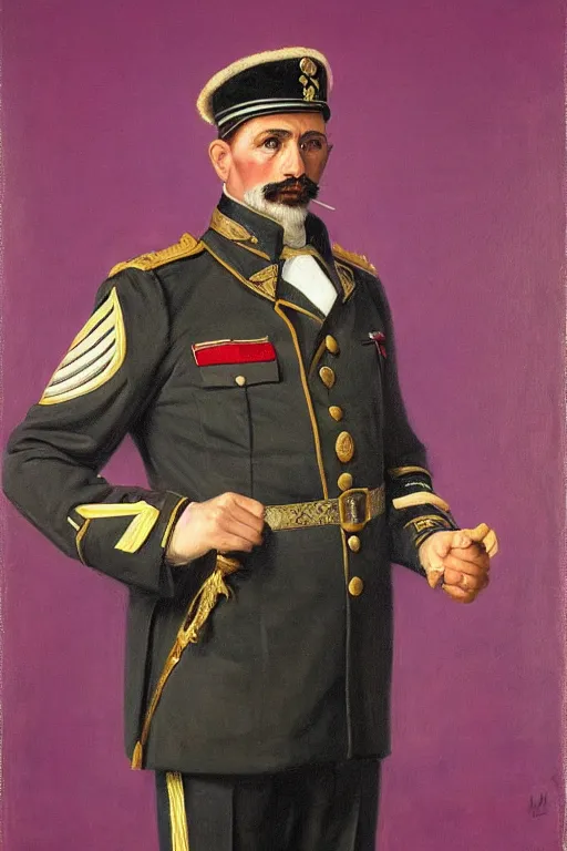 Image similar to full body portrait of the dictator of the sacramento kings, 1 8 8 9, in full military garb, purple, silver, oil on canvas by william sidney mount, trending on artstation