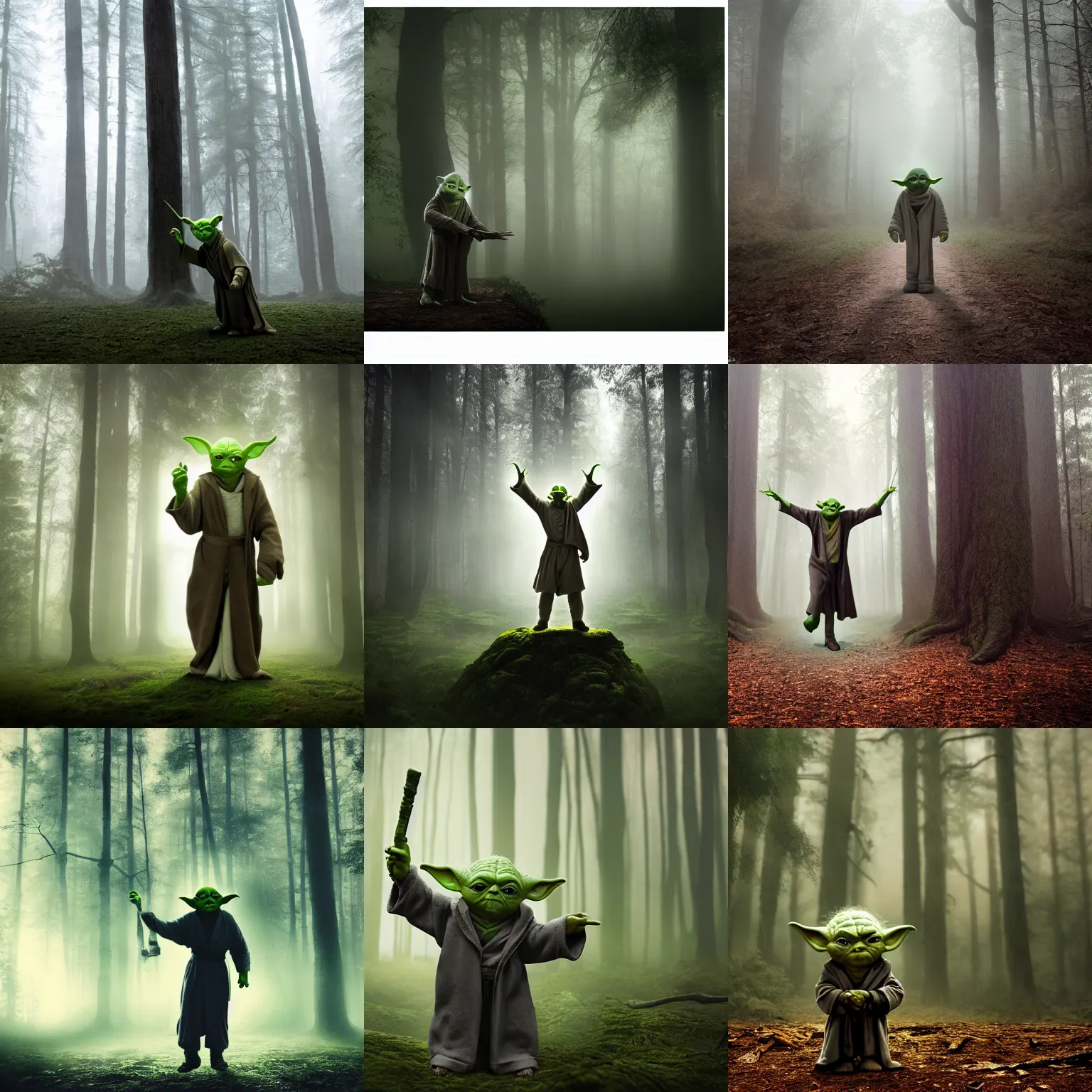 Prompt: yoda with very long!!! arms and legs standing in a forest with fog, realism, moody lighting, extreme long shot